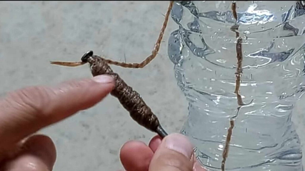 a long nail wrapped with twine