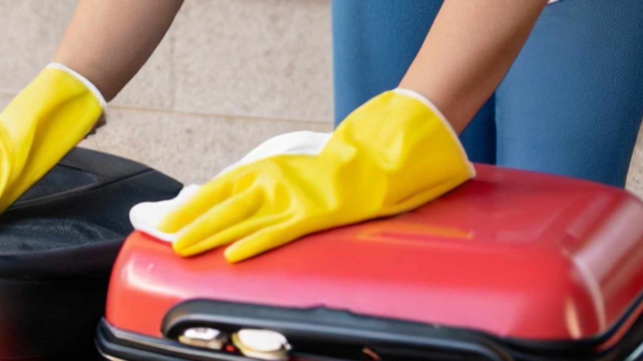 a person is cleaning the suitcase