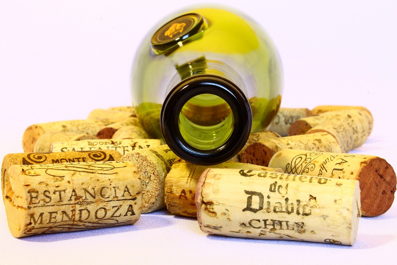 an empty bottle of wine is placed on some corks