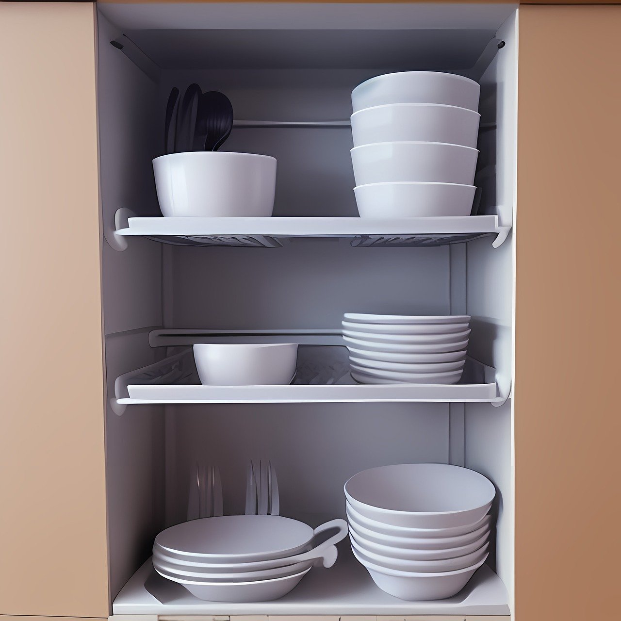 a clean kitchen cabinet with clean crockery