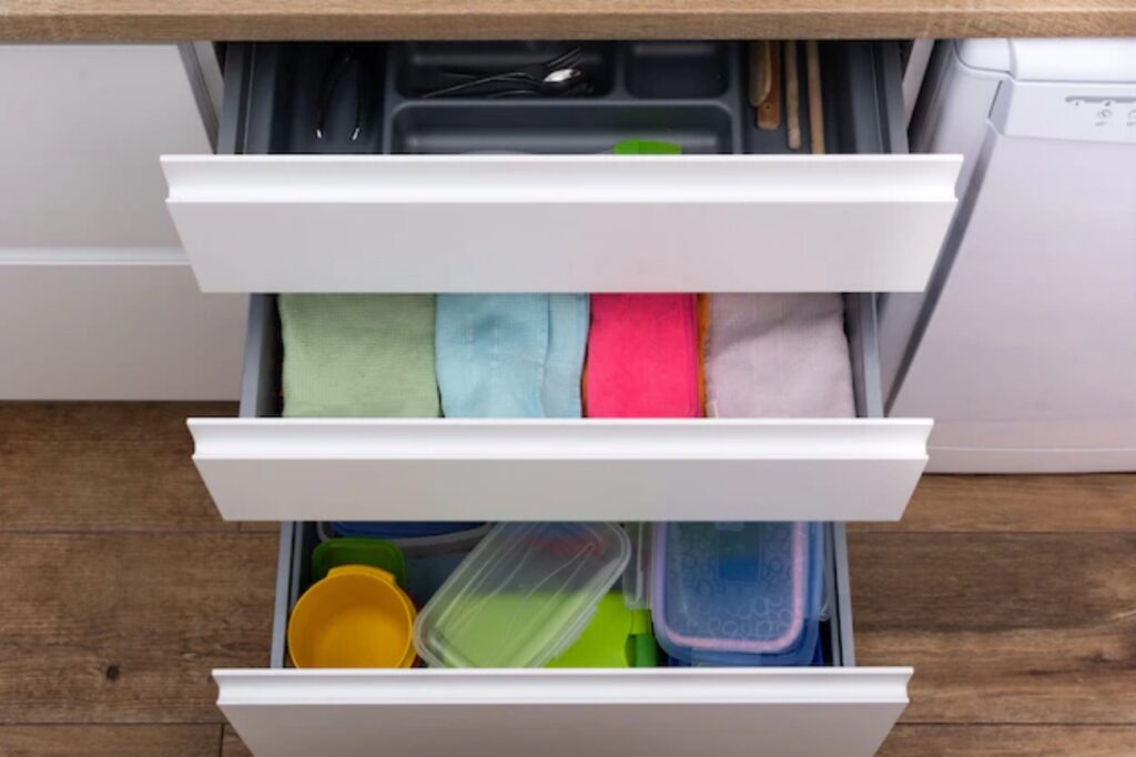 clean tea towels are placed in the kitchen's cabinet drawer