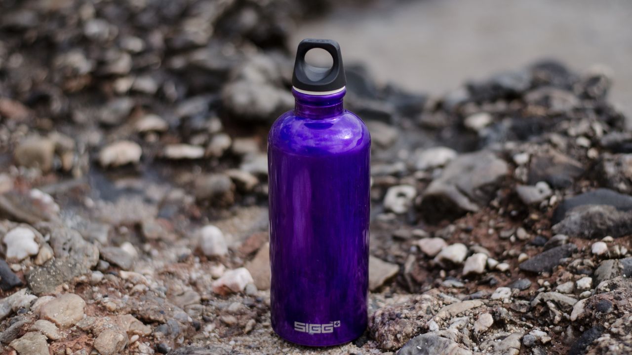 a purple color of steel water bottle is placed on the rocks