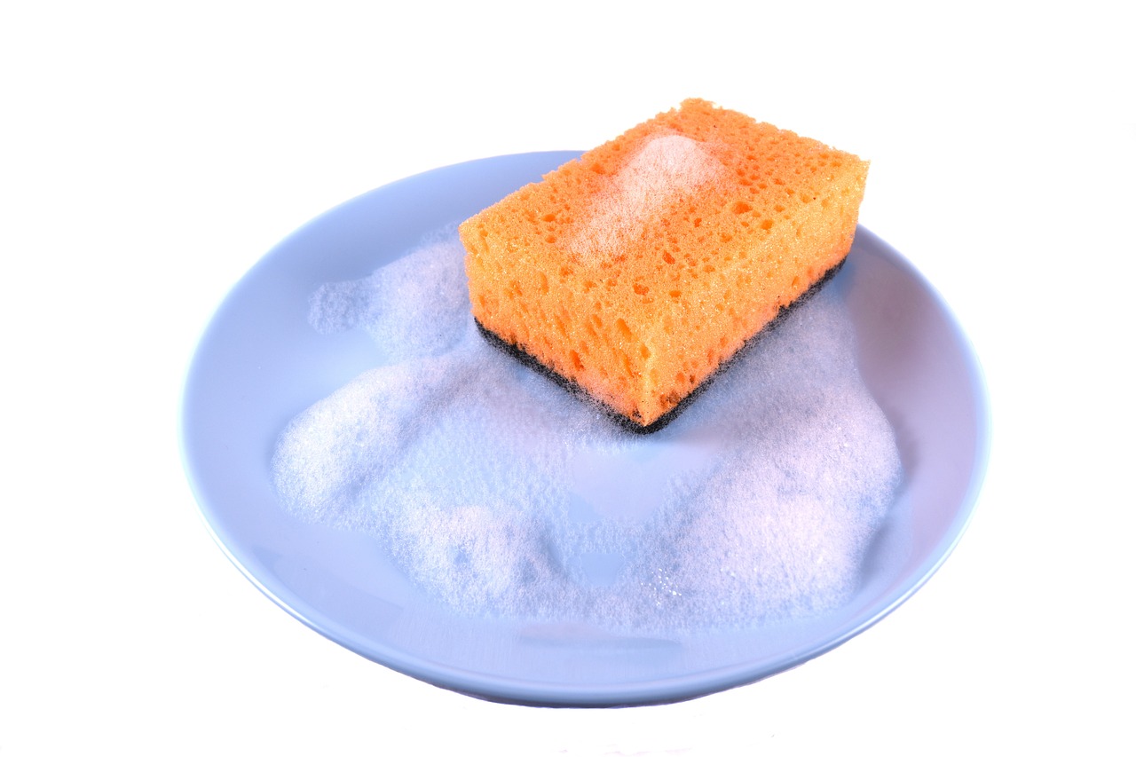 washing a plate with dish sponge