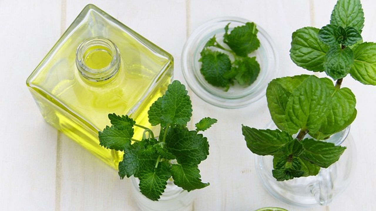 a jar of essential oil and mint flowers are placed on the table